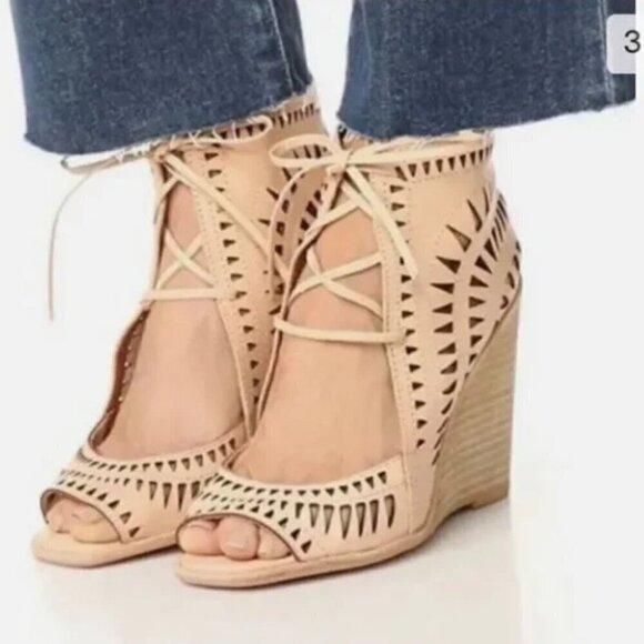 JEFFREY CAMPBELL Tan Suede Rodillo HiWedge Peep Toe Laser Cut Laced Sandals - Picture 3 of 9